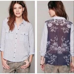 Free People Party in The Back Striped Sheer Floral Shirt Blouse Top Button Sz M